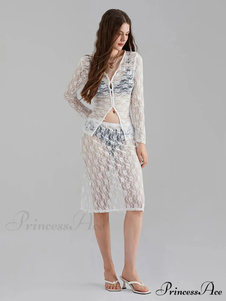 Ivory Lace Mesh Extended Sleeve Button-Up Floral Skirt Set