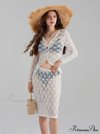Ivory Lace Mesh Extended Sleeve Button-Up Floral Skirt Set