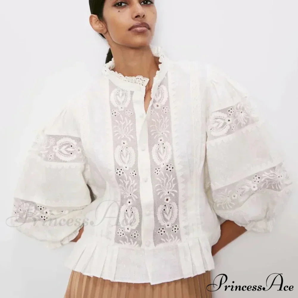 Ivory Lace Puff Sleeve Cotton Floral Embroidery Bohemian Top