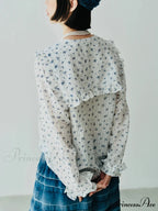 Japanese Flowery Blue Collar Extended Sleeve Blouse