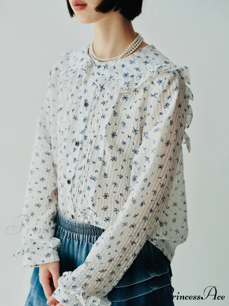 Japanese Flowery Blue Collar Extended Sleeve Blouse
