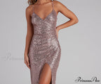 Jewel Formal High Charming Slit Sequin Dress