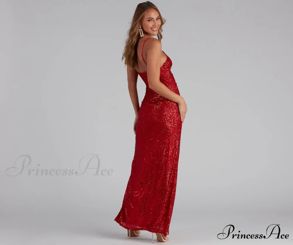 Jewel Formal High Charming Slit Sequin Dress