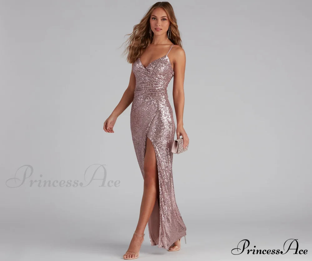 Jewel Formal High Charming Slit Sequin Dress