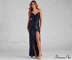 Jewel Formal High Charming Slit Sequin Dress