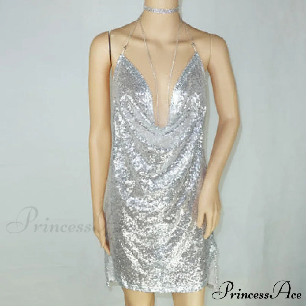 Karina Formal Sequin Charming Cross Back Mini Dress