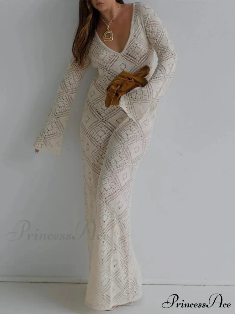 Knit Hollow V Sweater Maxi Dress