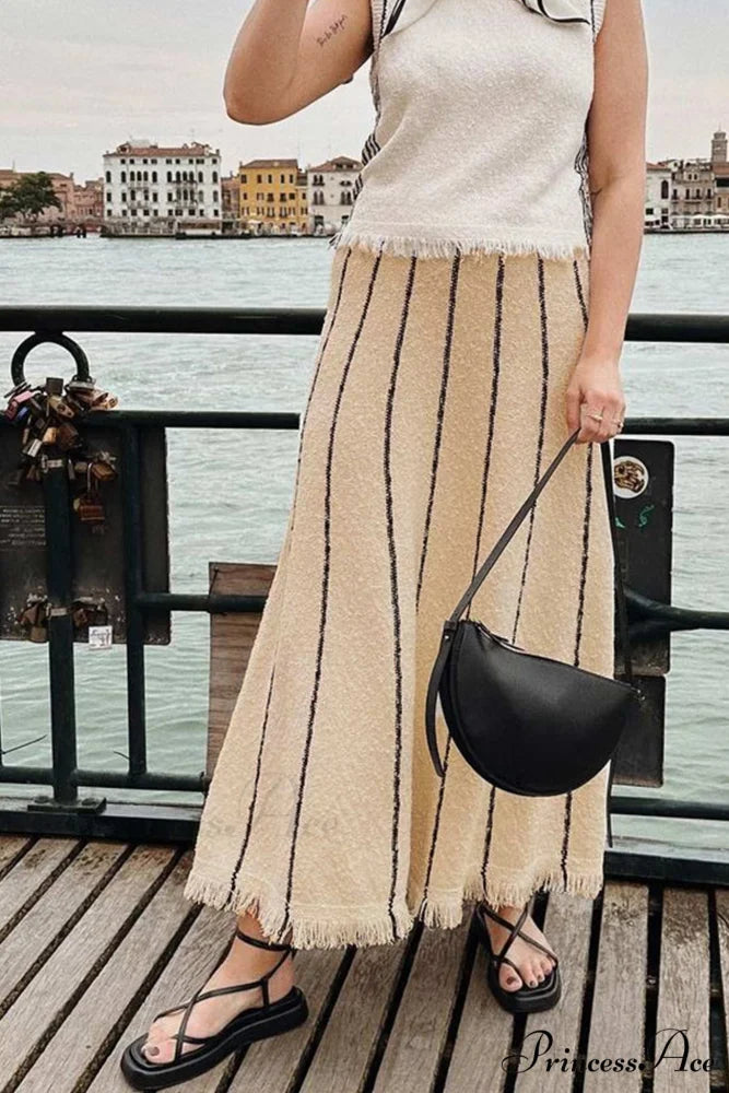Knit with Fringe Hem Skirt Stripes