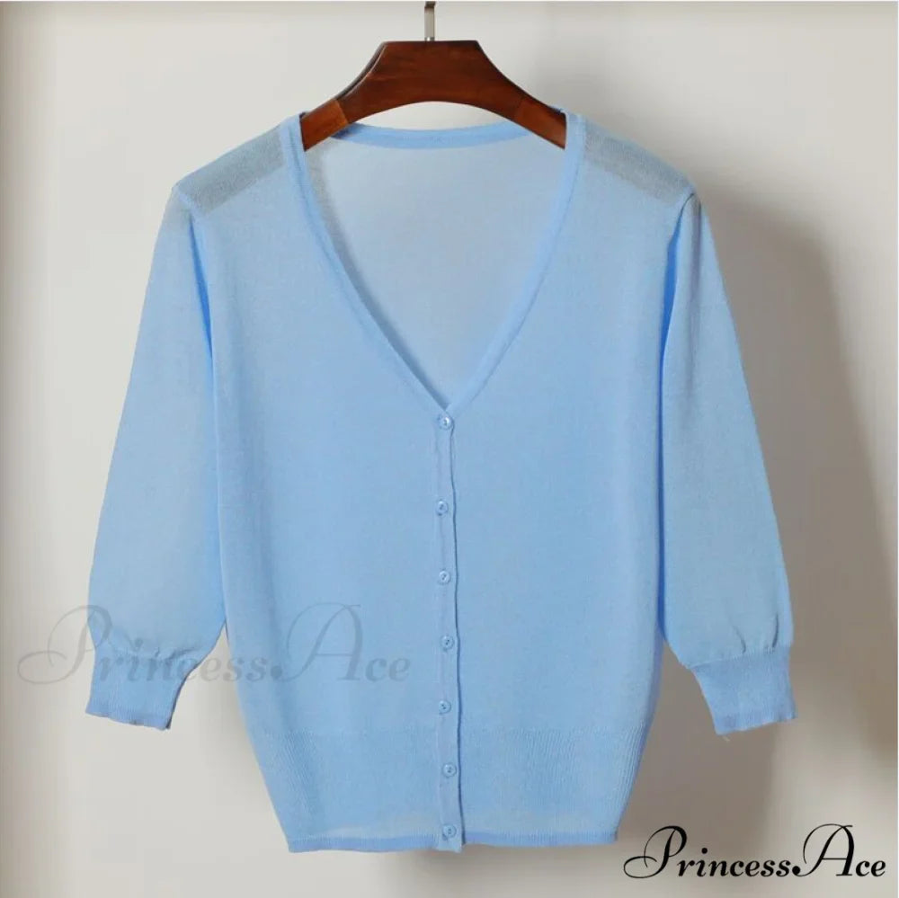 Knitted 3/4 Sleeve V-Neck Solid Casual Woman Cardigan Sweater