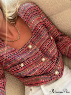 Knitted Buttoned Pocketed Square Neck Long Sleeved Short Autumn Casual Stylish Coat