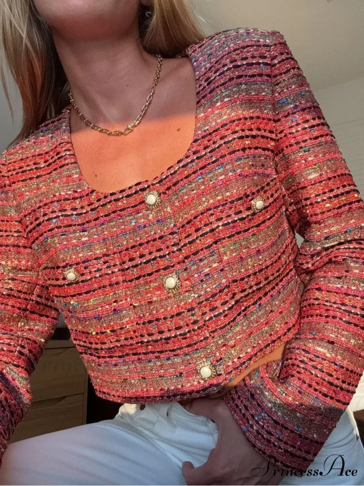 Knitted Buttoned Pocketed Square Neck Long Sleeved Short Autumn Casual Stylish Coat