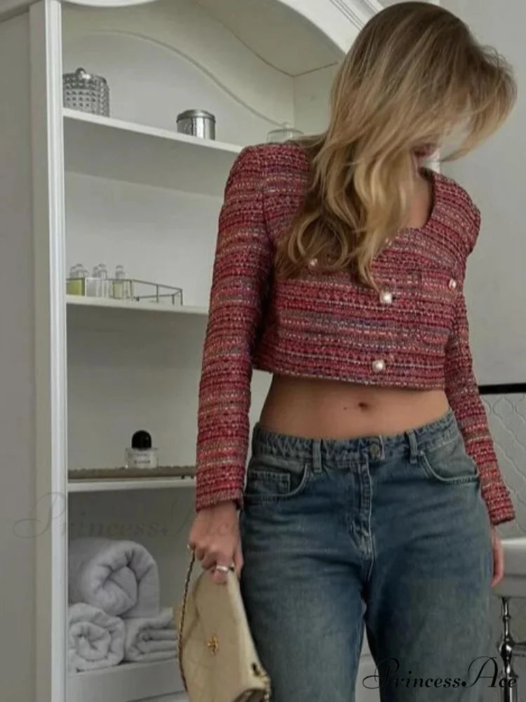 Knitted Buttoned Pocketed Square Neck Long Sleeved Short Autumn Casual Stylish Coat