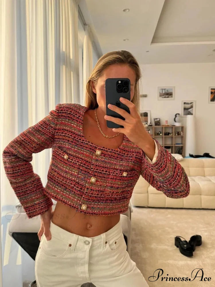 Knitted Buttoned Pocketed Square Neck Long Sleeved Short Autumn Casual Stylish Coat