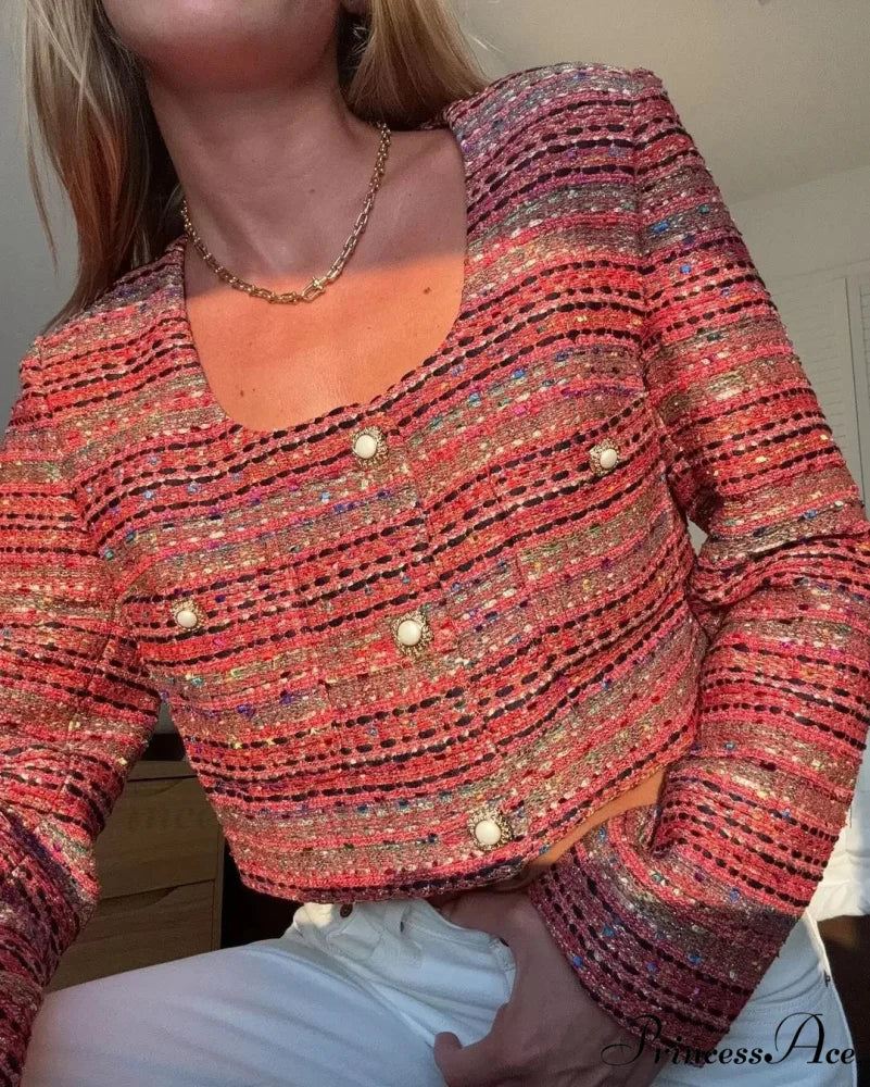 Knitted Buttoned Pocketed Square Neck Long Sleeved Short Autumn Casual Stylish Coat