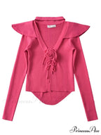 Knitted Cardigan Rose Large for Crop French Lapel Scarf Women