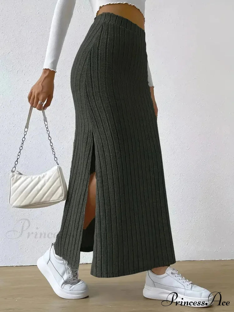 Knitted Elegant Stylish High Waist Slim Solid Color Trendy Hip Slits Skirt