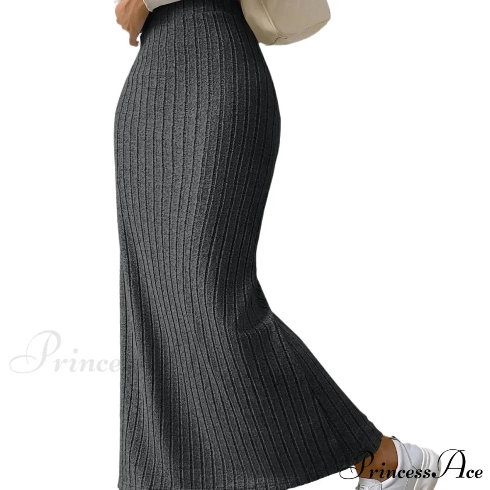 Knitted Elegant Stylish High Waist Slim Solid Color Trendy Hip Slits Skirt