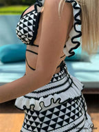 Knitted Frills Backless Tie-up Tank Crop Top with Elastic Waist Skirt Set