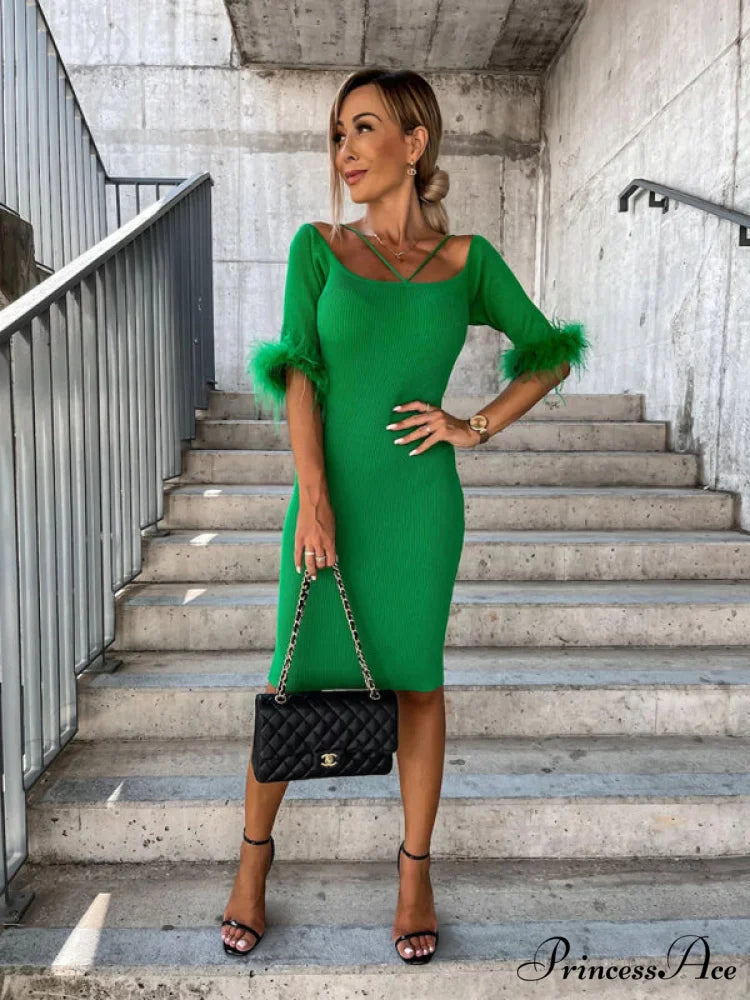 Knitted Fur Women's Neck Arm One-Line Dress