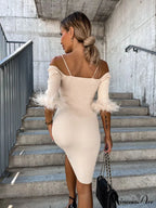 Knitted Fur Women's Neck Arm One-Line Dress