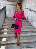 Knitted Fur Women's Neck Arm One-Line Dress