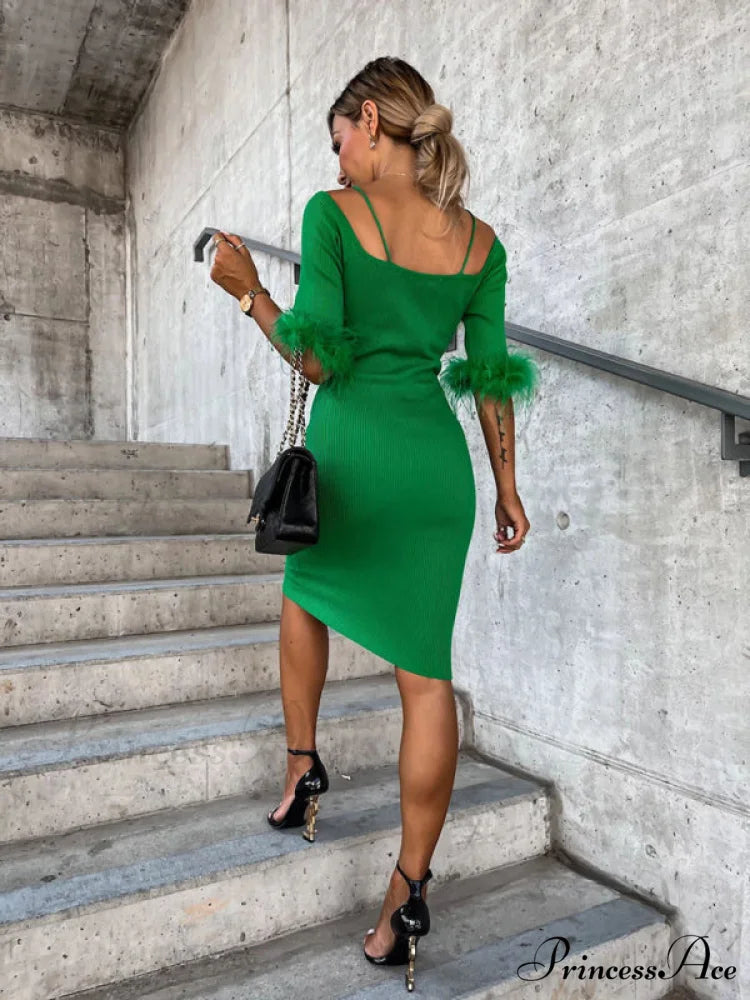 Knitted Fur Women's Neck Arm One-Line Dress