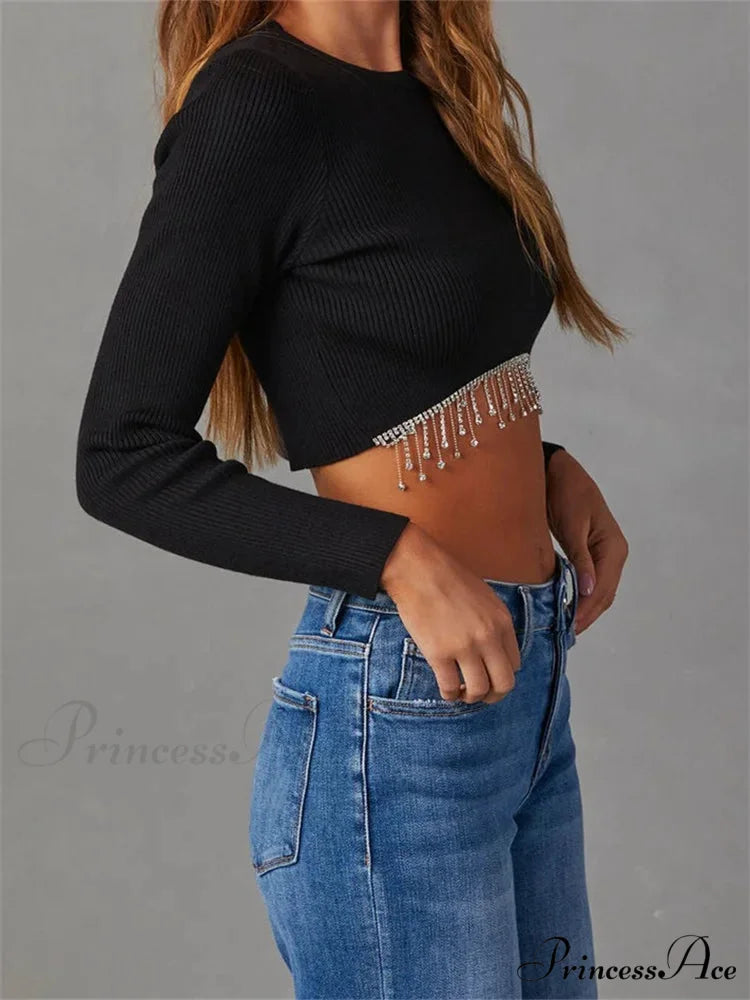 Knitted Grunge Round Neck Long Sleeve Slim Fit T-shirts