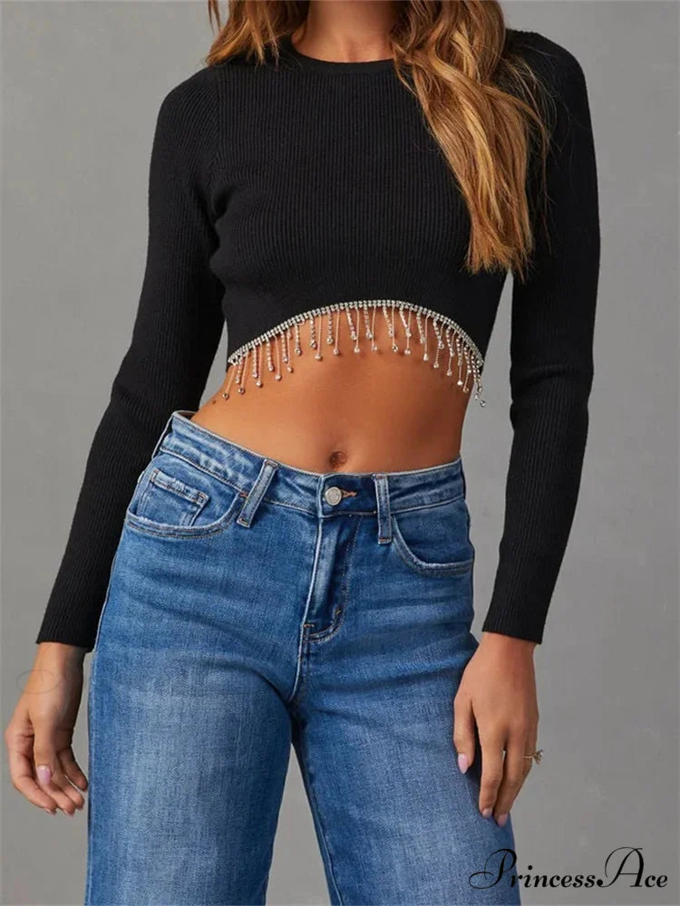 Knitted Grunge Round Neck Long Sleeve Slim Fit T-shirts