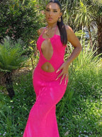 Knitted Halter Backless Cut Out Sleeveless Summer Clothes Midi Dress