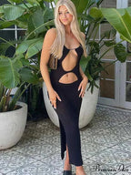 Knitted Halter Backless Cut Out Sleeveless Summer Clothes Midi Dress