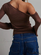 Knitted Long Flare Sleeve Solid Slim Fit T-shirts Off Shoulder T-shirts