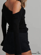 Knitted Long Flare Sleeve Solid Slim Fit T-shirts Off Shoulder T-shirts