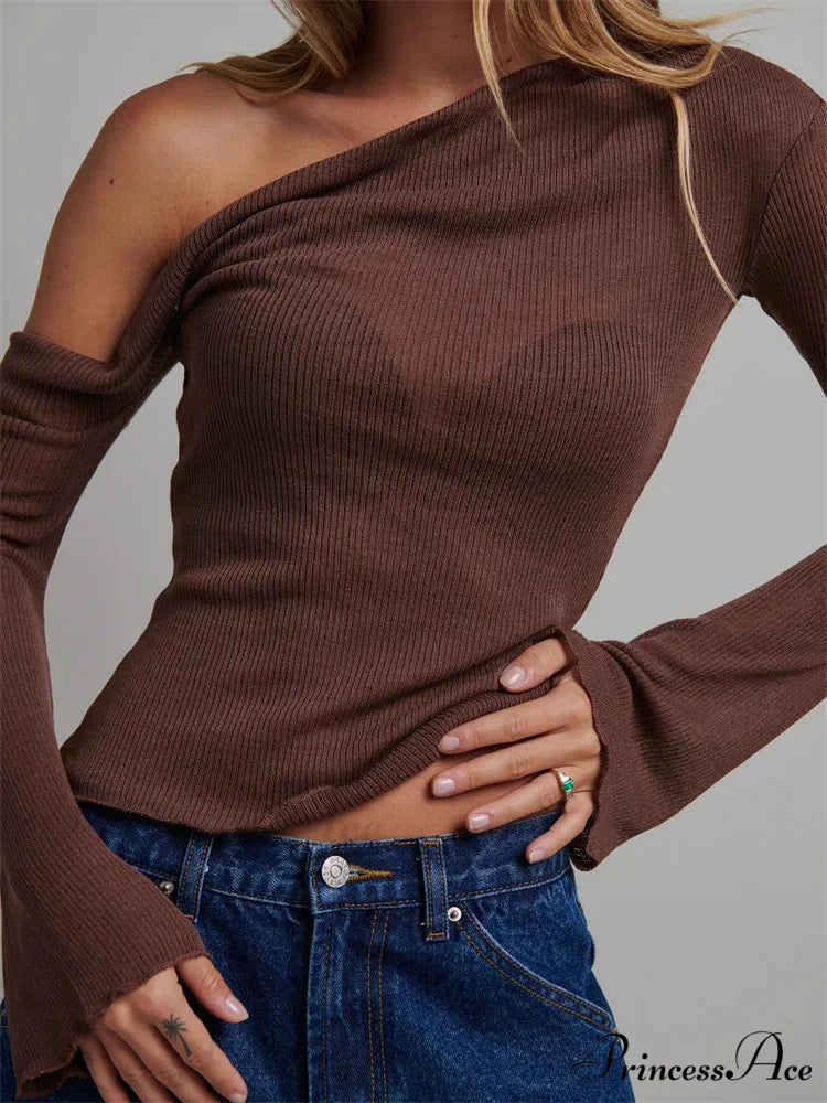Knitted Long Flare Sleeve Solid Slim Fit T-shirts Off Shoulder T-shirts