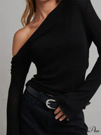 Knitted Long Flare Sleeve Solid Slim Fit T-shirts Off Shoulder T-shirts