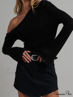 Knitted Long Flare Sleeve Solid Slim Fit T-shirts Off Shoulder T-shirts