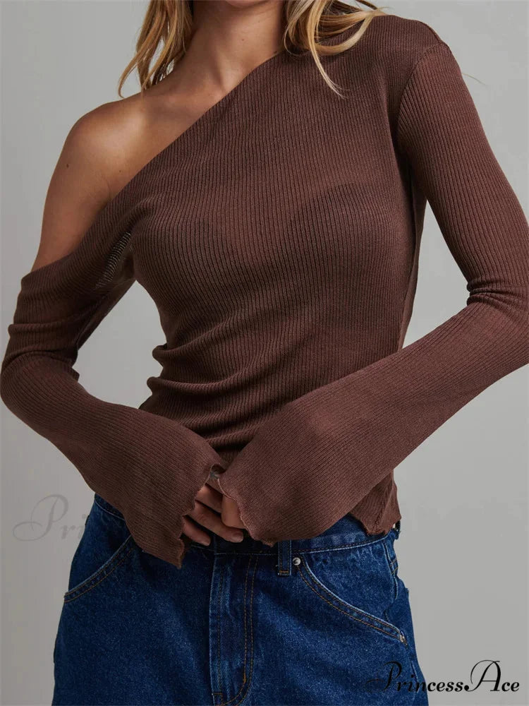 Knitted Long Flare Sleeve Solid Slim Fit T-shirts Off Shoulder T-shirts