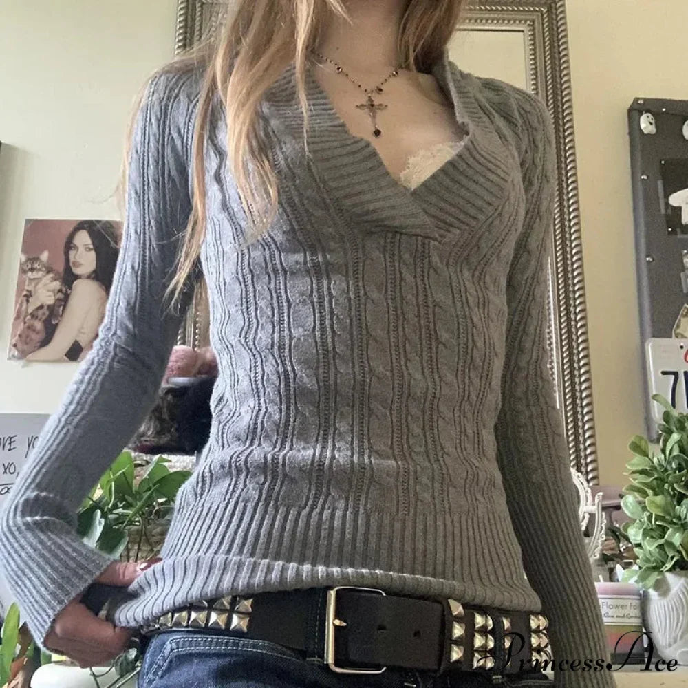 Knitted Narrow Fit Hooded Sweater Lengthy Sleeve V Neck Women