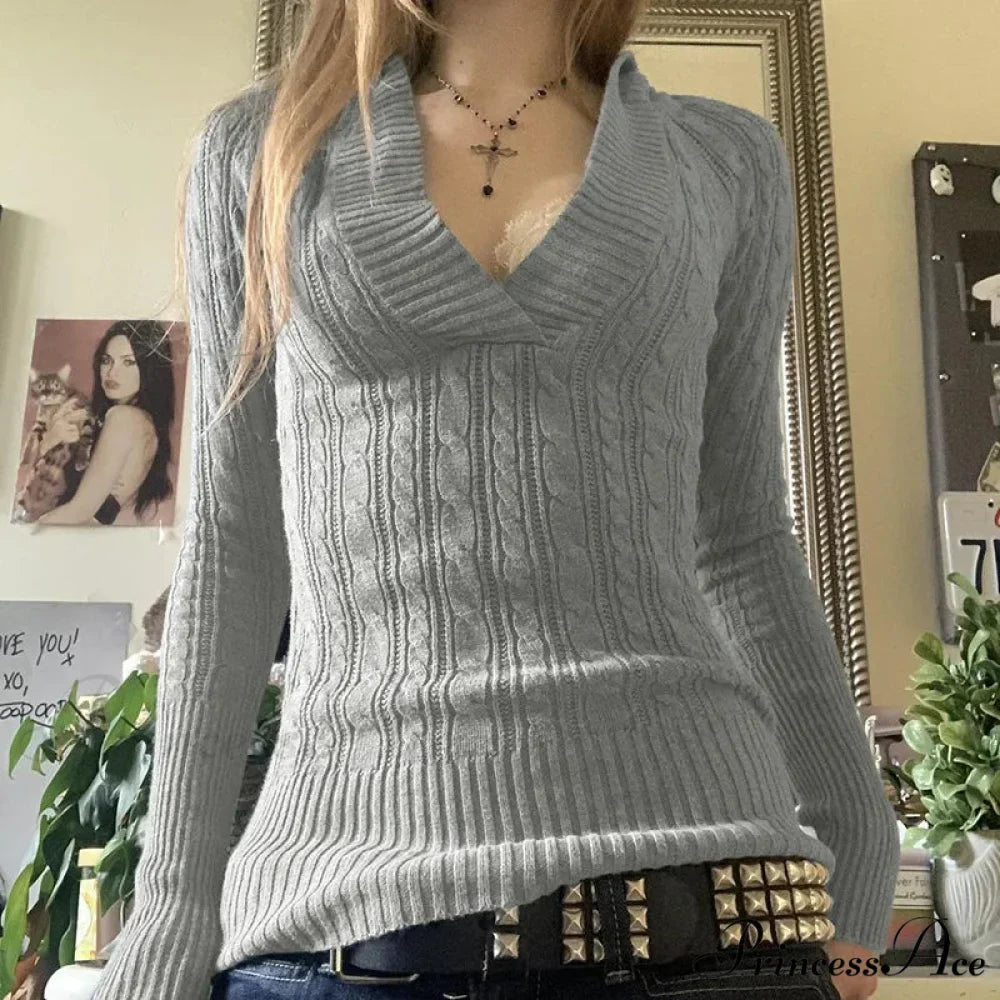 Knitted Narrow Fit Hooded Sweater Lengthy Sleeve V Neck Women