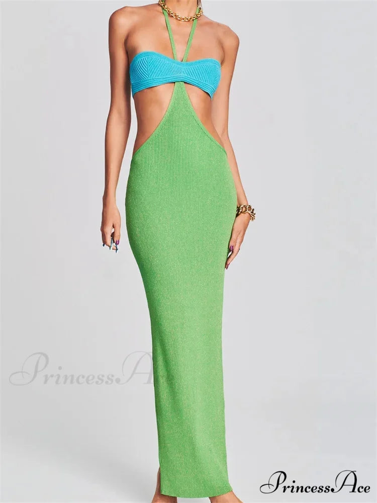 Knitted Patchwork for Women Halter Lace-up Backless Off Shoulder Hollow Out Summer Vestidos New