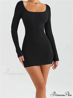 Knitted Ribbed Party Solid Long Sleeve Square Neck Mini Dress