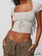 Knitted Ribbed Solid Color Short Sleeve Square Neck Drawstring T-shirts