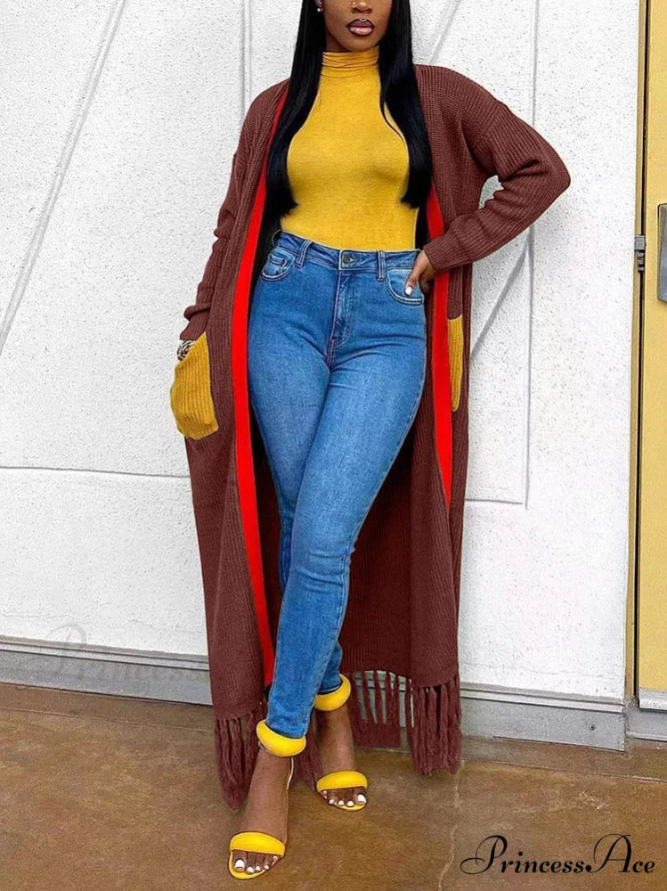 Knitted Striped Graceful Tassel Poncho