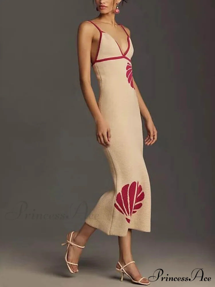 Knitted Suspender Halterneck V-Neck Graceful Backless Sexy Midi Dress