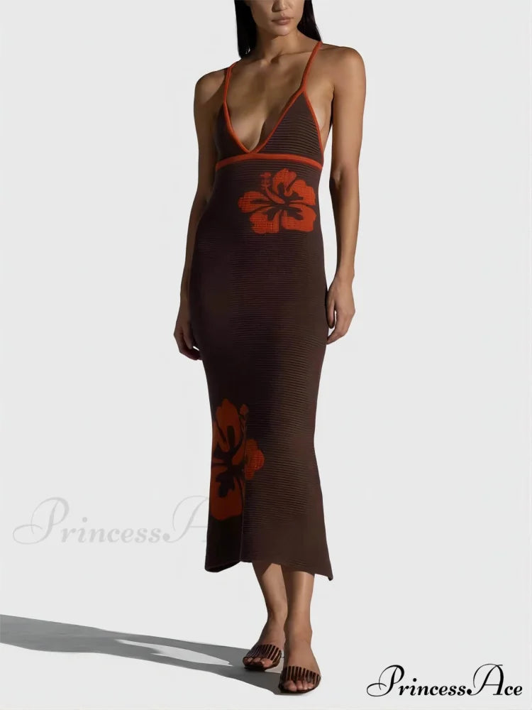 Knitted Suspender Halterneck V-Neck Graceful Backless Sexy Midi Dress