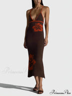 Knitted Suspender Halterneck V-Neck Graceful Backless Sexy Midi Dress