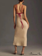 Knitted Suspender Halterneck V-Neck Graceful Backless Sexy Midi Dress