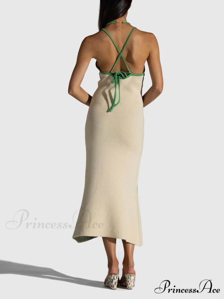 Knitted Suspender Halterneck V-Neck Graceful Backless Sexy Midi Dress