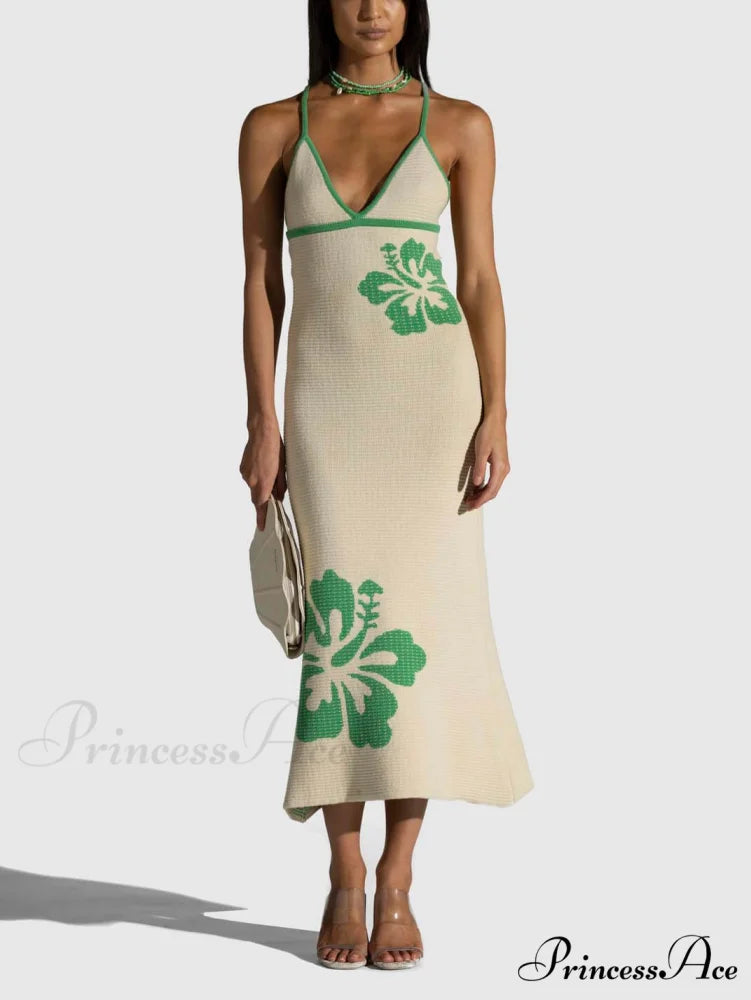 Knitted Suspender Halterneck V-Neck Graceful Backless Sexy Midi Dress