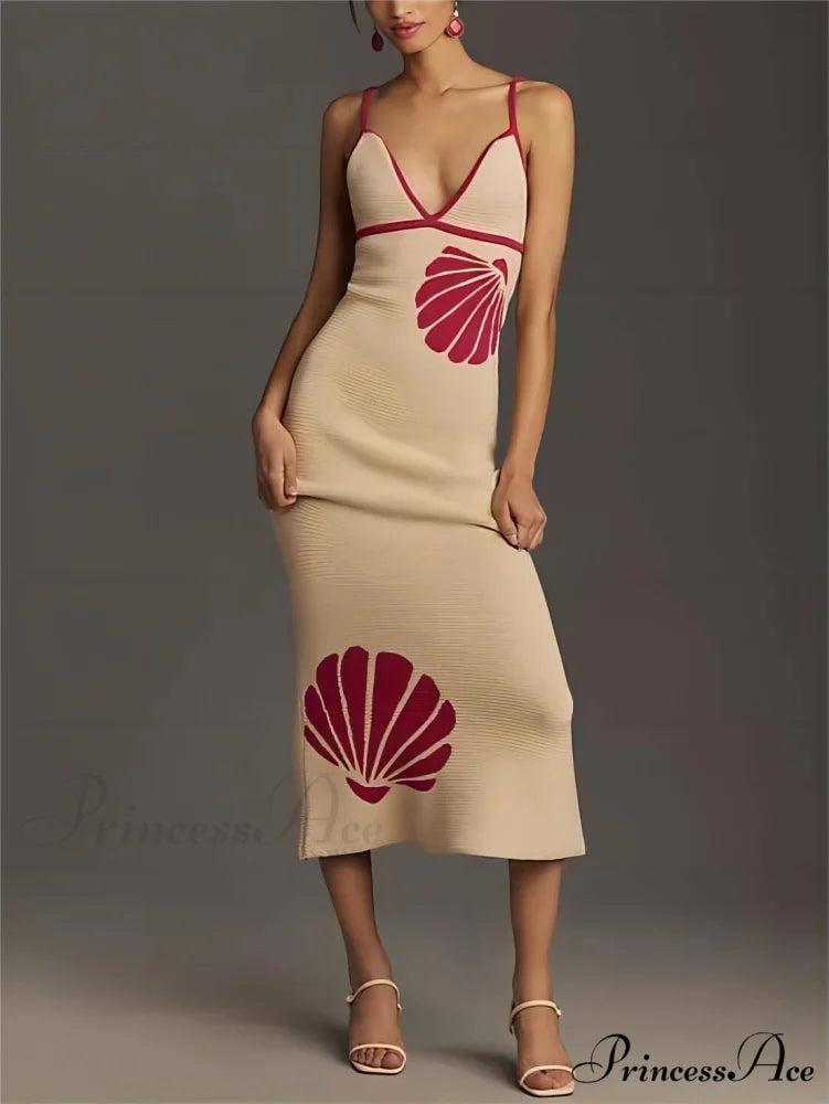 Knitted Suspender Halterneck V-Neck Graceful Backless Sexy Midi Dress