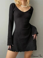 Knitting V Neck Hem Elegant Mini Dress